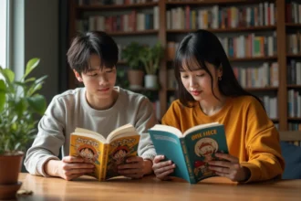 Deux jeunes adultes lisant des mangas dans un salon cosy