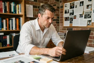 Journaliste analysant les articles du blog L'échelle de Jacob sur son ordinateur portable dans un bureau encombré de coupures de presse