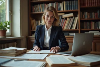 Journaliste française expérimentée travaillant dans un bureau éditorial parisien, entourée de journaux et de documents