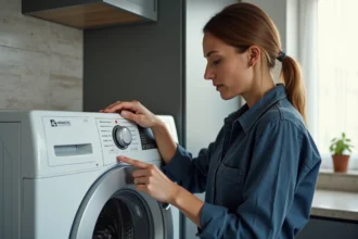 Femme lisant l'étiquette électrique d'un lave-linge dans une cuisine moderne, comprenant les valeurs en ampères et en watts