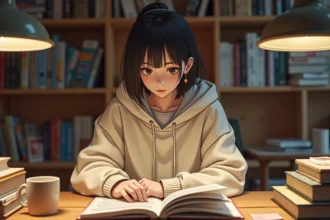 Jeune femme lisant un manga dérivé à son bureau entouré de volumes manga et de livres illustrés