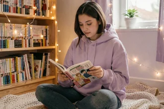 Jeune femme lisant un manga yaoi dans une chambre cosy décorée de volumes manga et de guirlandes lumineuses