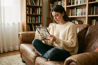 Jeune femme lisant des scans manga sur une tablette dans un salon cosy avec des étagères remplies de livres