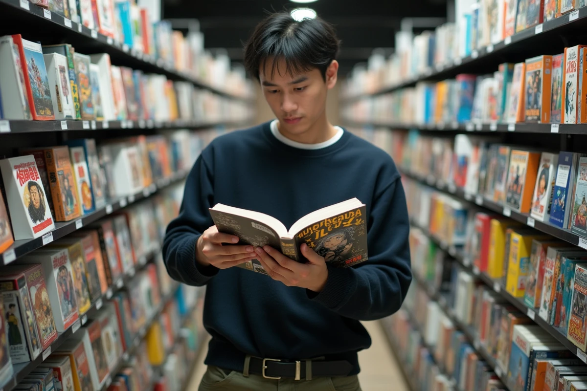 Homme examinant un volume manga dans une librairie spécialisée manga et bandes dessinées