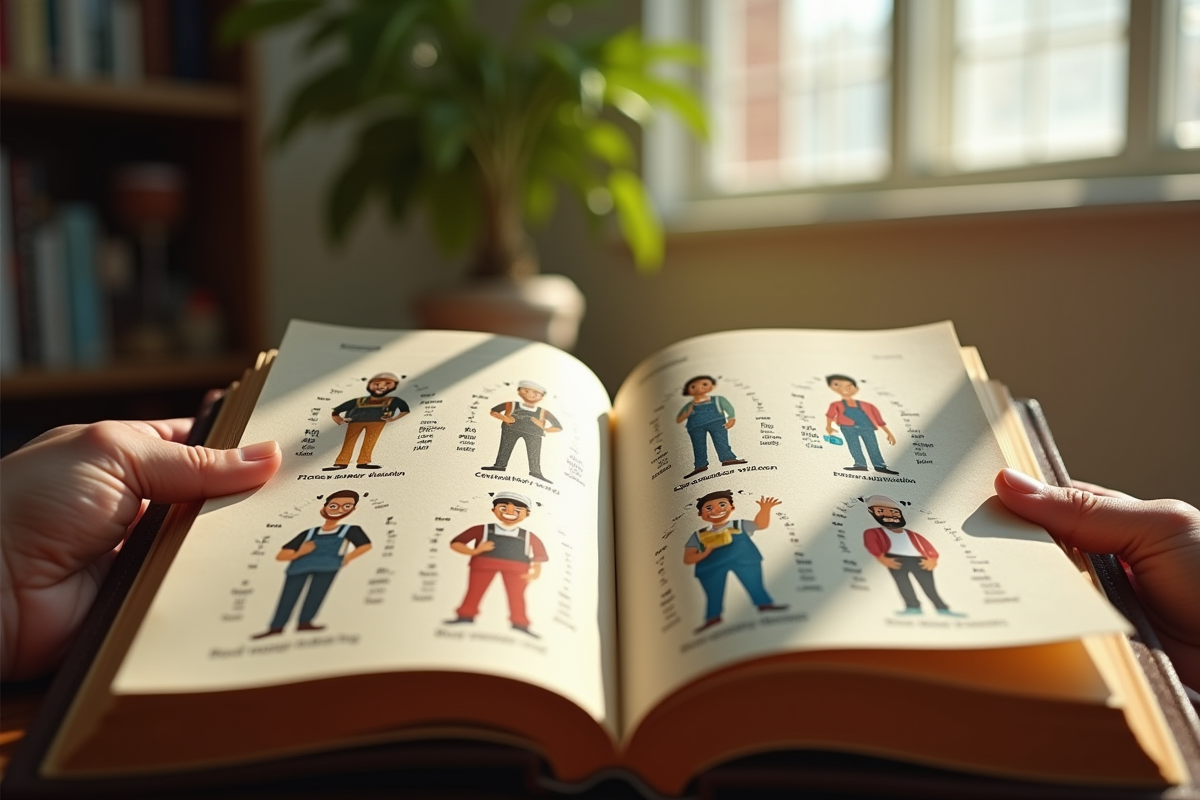 Main ouvrant un livre avec images colorées de métiers P