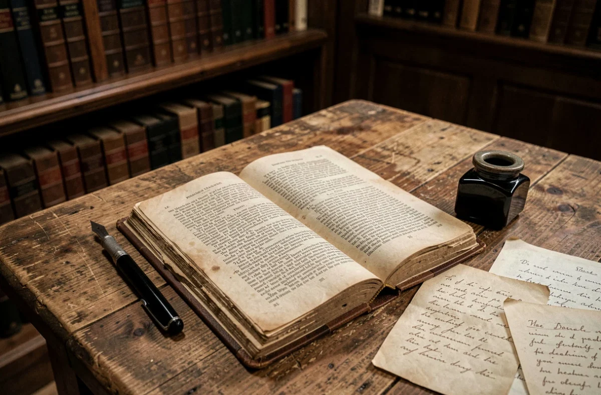 Livre de philosophie transcendantaliste américain du XIXe siècle ouvert sur une table en bois avec une plume et des notes manuscrites dans une bibliothèque universitaire ancienne, évoquant l'œuvre et la pensée de Ralph Waldo Emerson