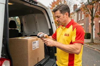 Livreur GLS en uniforme scannant un colis avec un lecteur de codes-barres à l'arrière d'un camion de livraison