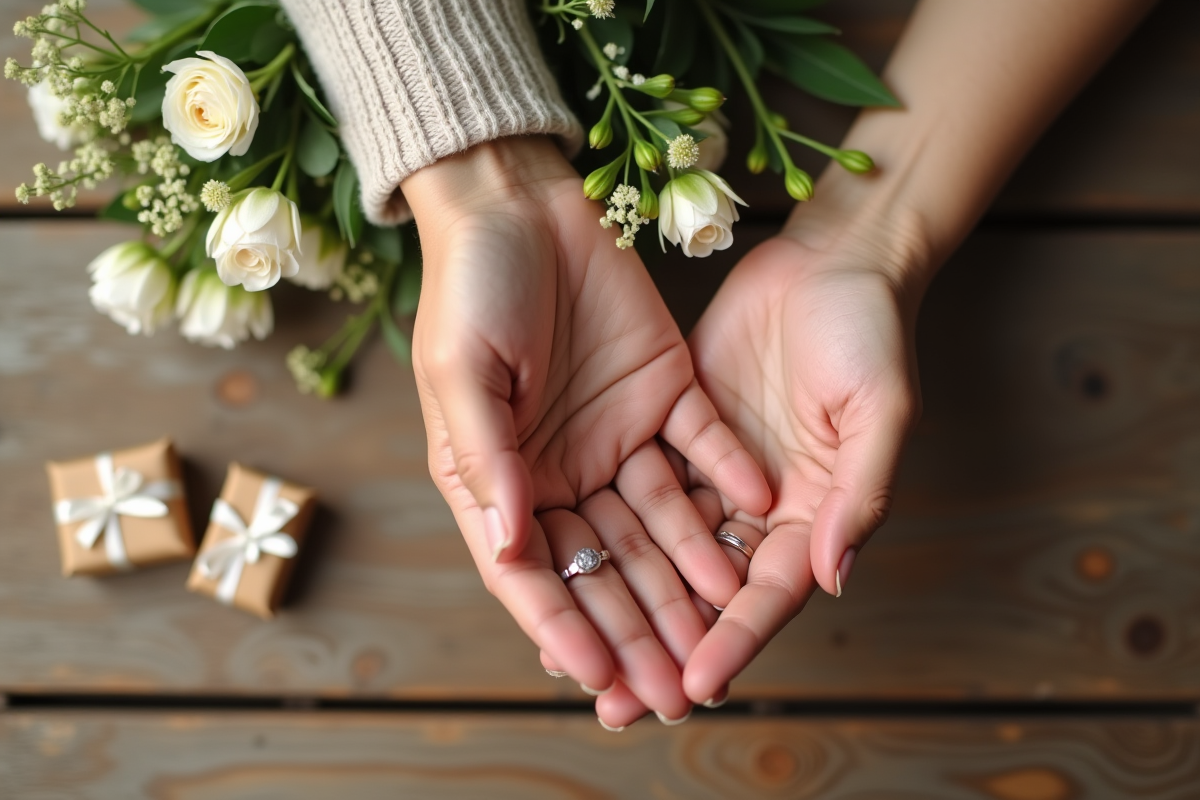 Mains avec alliances entourées de fleurs et cadeaux