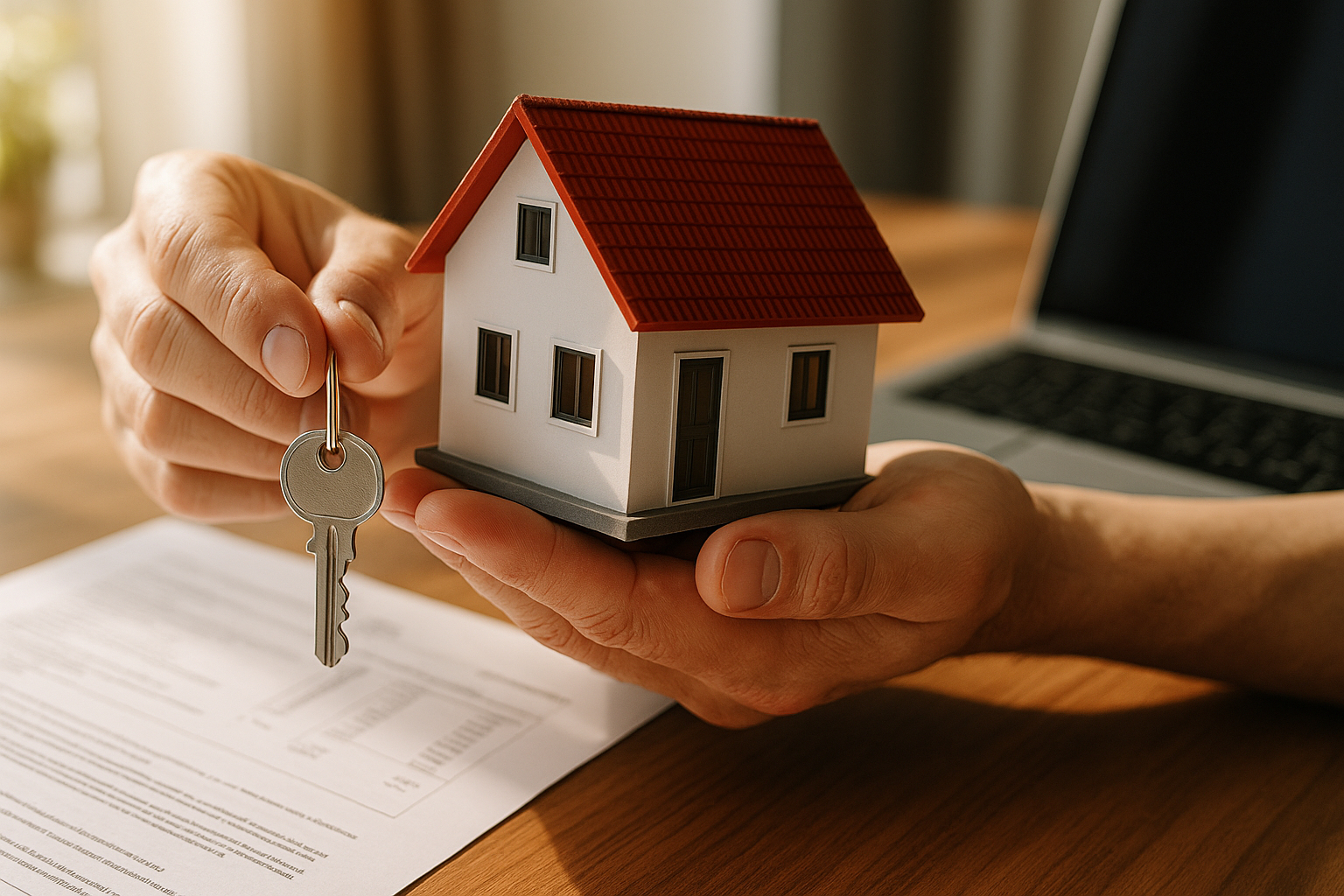 Mains tenant petite maison et clés sur bureau lumineux