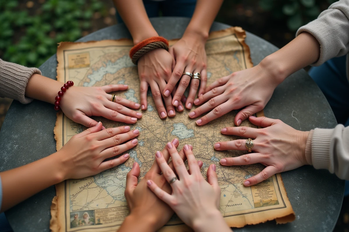 Mains intergénérationnelles sur une vieille carte en extérieur