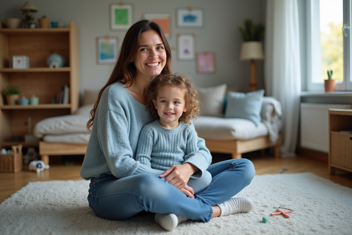 Femme souriante avec enfant dans un salon chaleureux