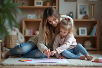 Femme et fille dessinant ensemble dans le salon