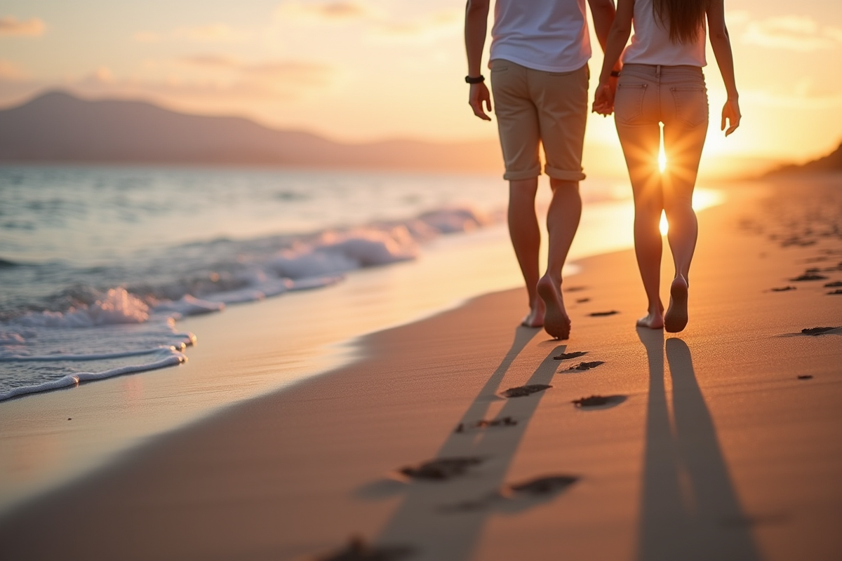 Couple marchant sur la plage au lever du soleil laissant des empreintes
