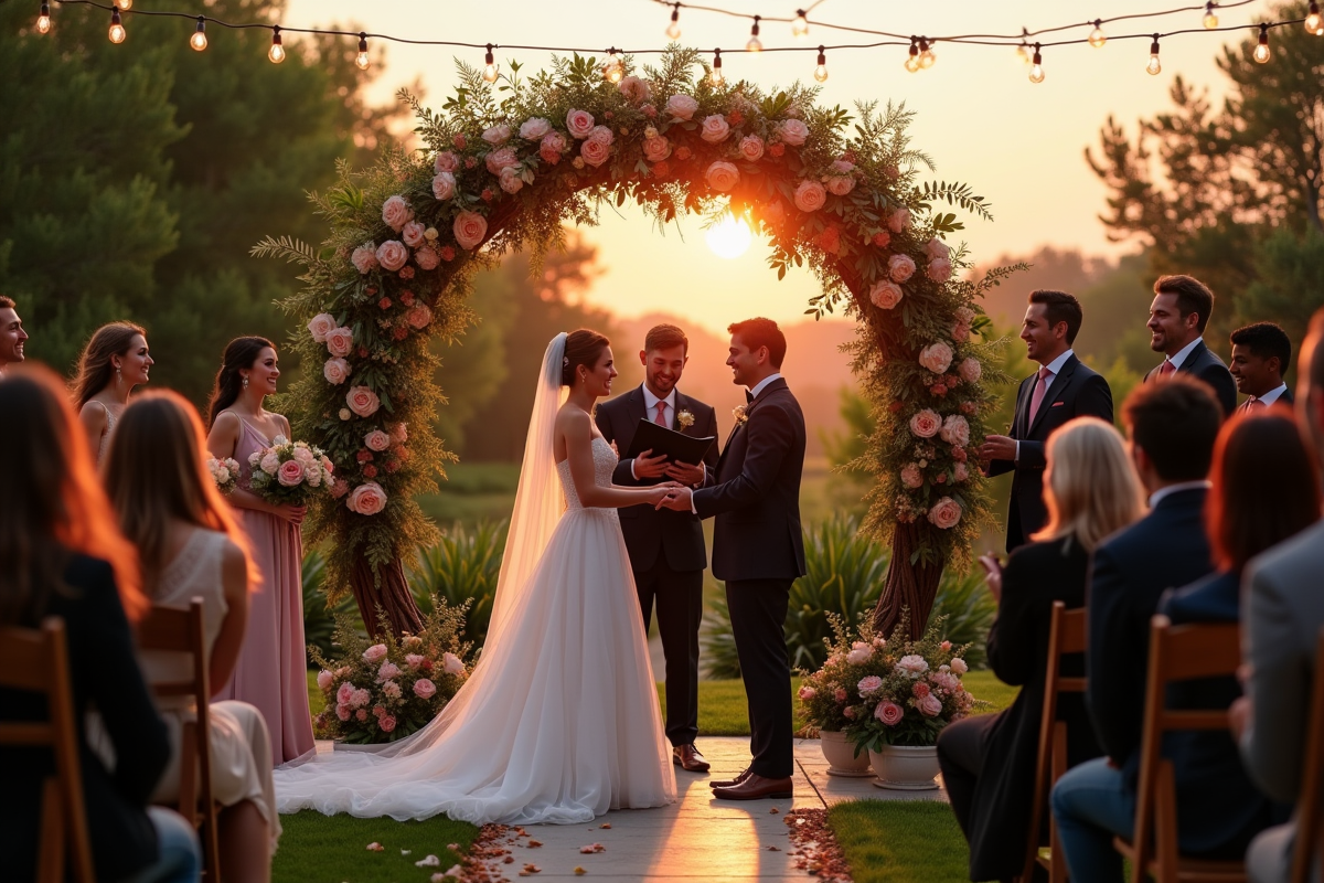 Célébration de mariage moderne en plein air avec invités et décor