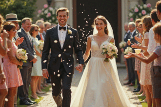 Couple de mariage des années 80 sortant de l'église avec invités