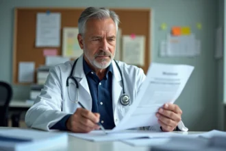Médecin homme en blouse blanche examine un planning hospitalier