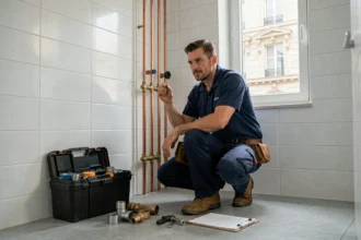 Plombier professionnel en uniforme travaillant sur des tuyaux en cuivre dans une salle de bain à Limoges