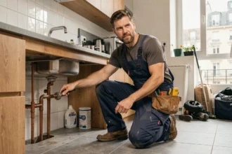 Plombier professionnel au travail dans une cuisine moderne à Saint-Étienne, représentant le classement des meilleurs plombiers de la ville