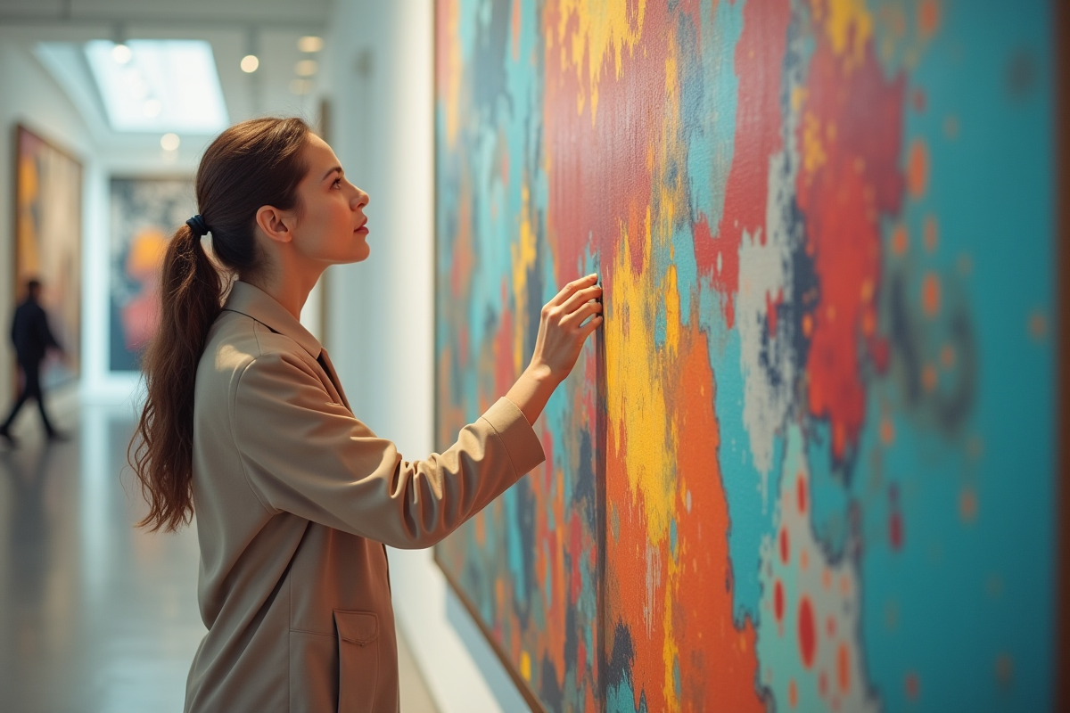 Mélisande Gomez analysant une peinture abstraite dans une galerie