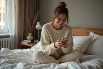 Femme souriante en pull tricoté envoyant un message bonne nuit à son partenaire depuis son lit douillet