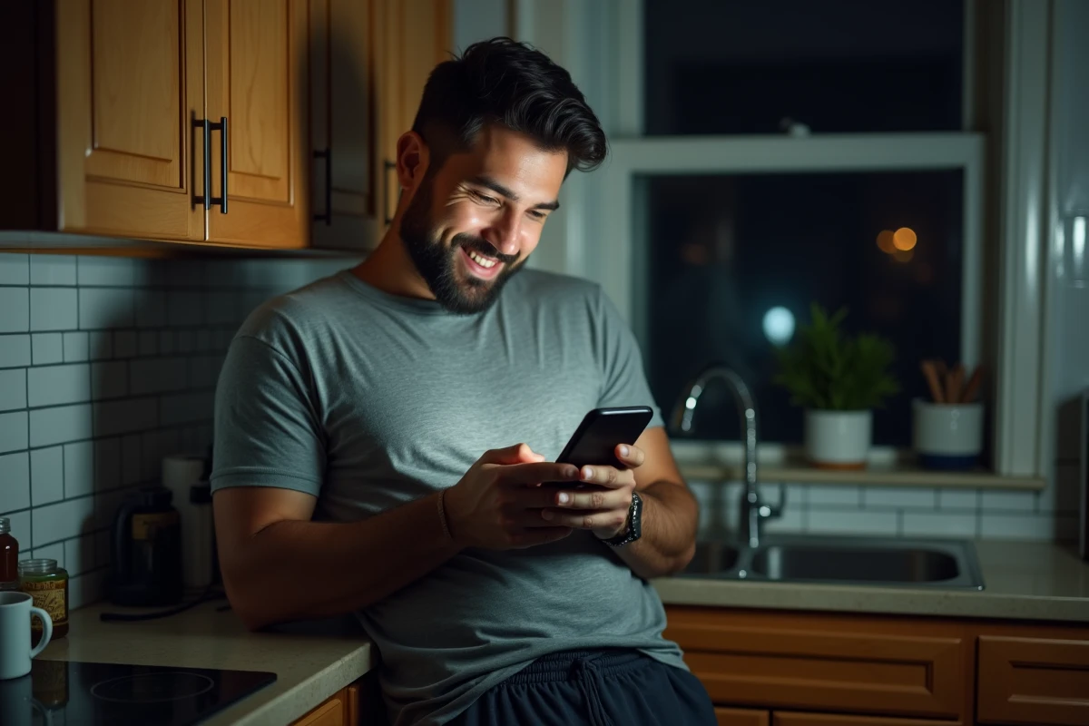 Homme seul dans sa cuisine la nuit lisant un message tendre de sa partenaire à distance sur son téléphone