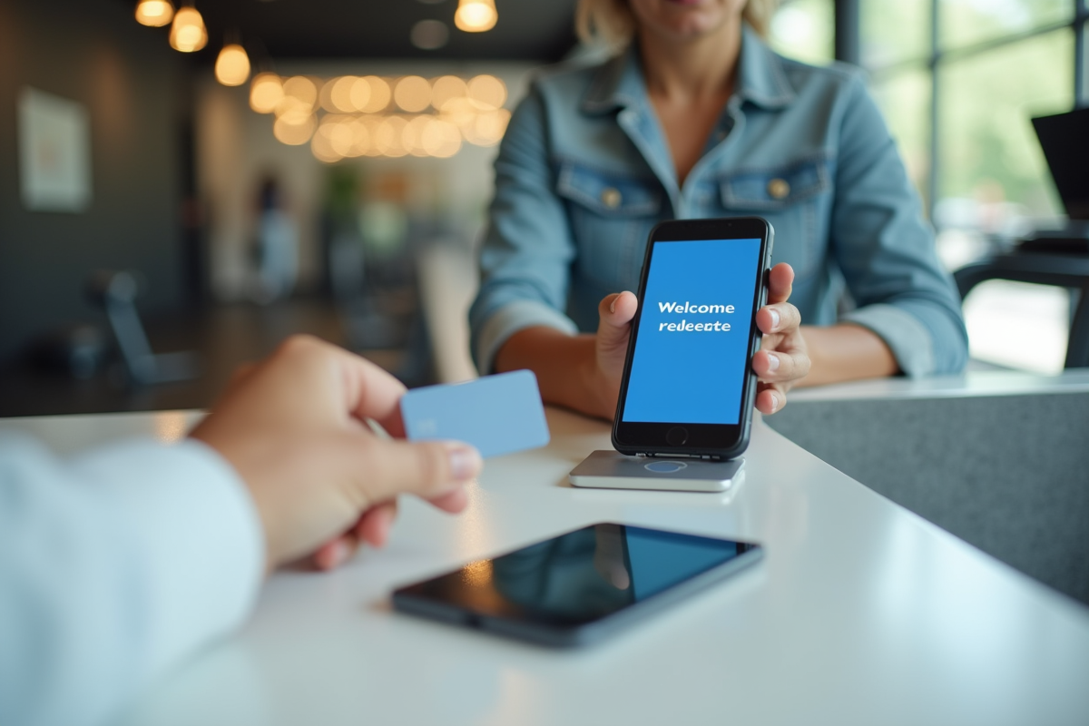 Personne recevant un message de bienvenue sur smartphone au centre sportif