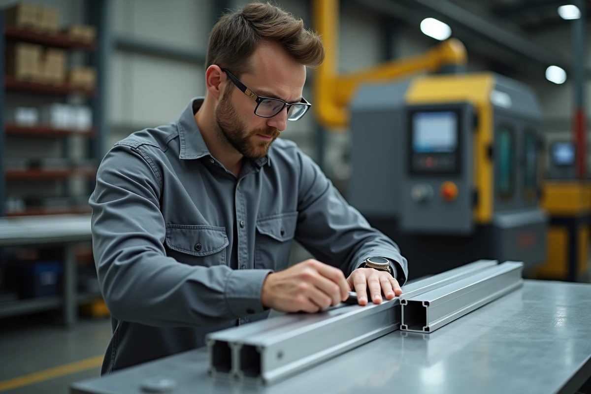 Professionnel mesurant un tube carré en aluminium avec un pied à coulisse dans un atelier de fabrication industrielle