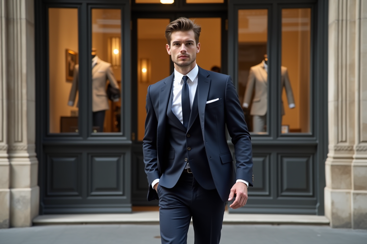 Jeune homme en costume moderne devant boutique parisienne