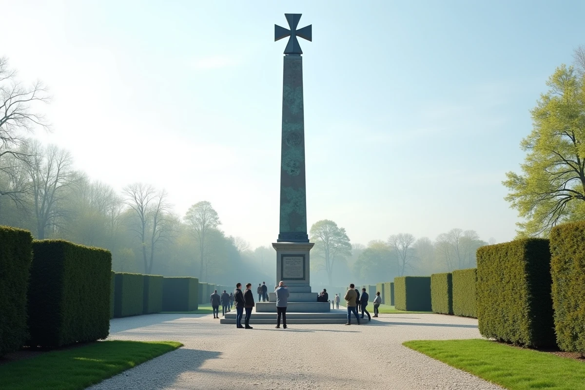 Monument de la Croix de Lorraine en bronze dans un mémorial français, visiteurs contemplant le symbole de la Résistance et du général de Gaulle