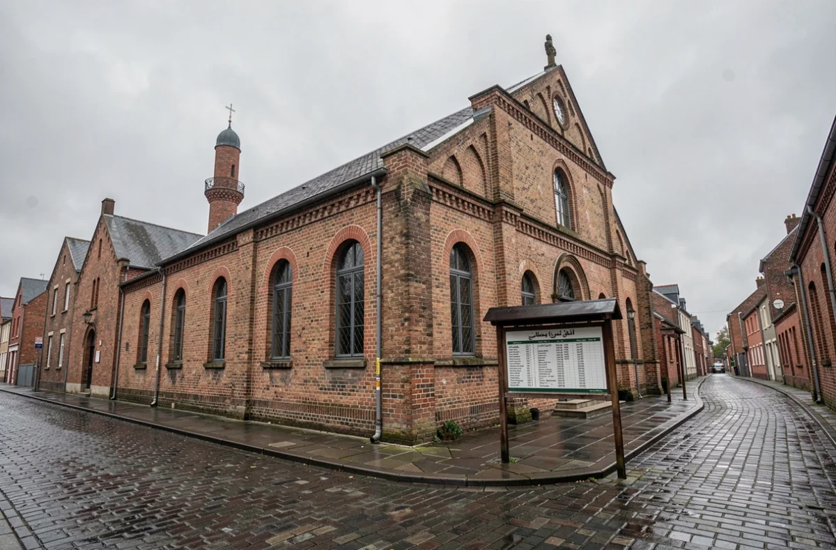 Façade d'une mosquée en briques rouges à Douai avec tableau des horaires de prière affiché à l'entrée