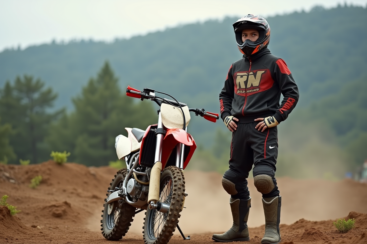Jeune homme en équipement motocross avec moto 125cc en extérieur