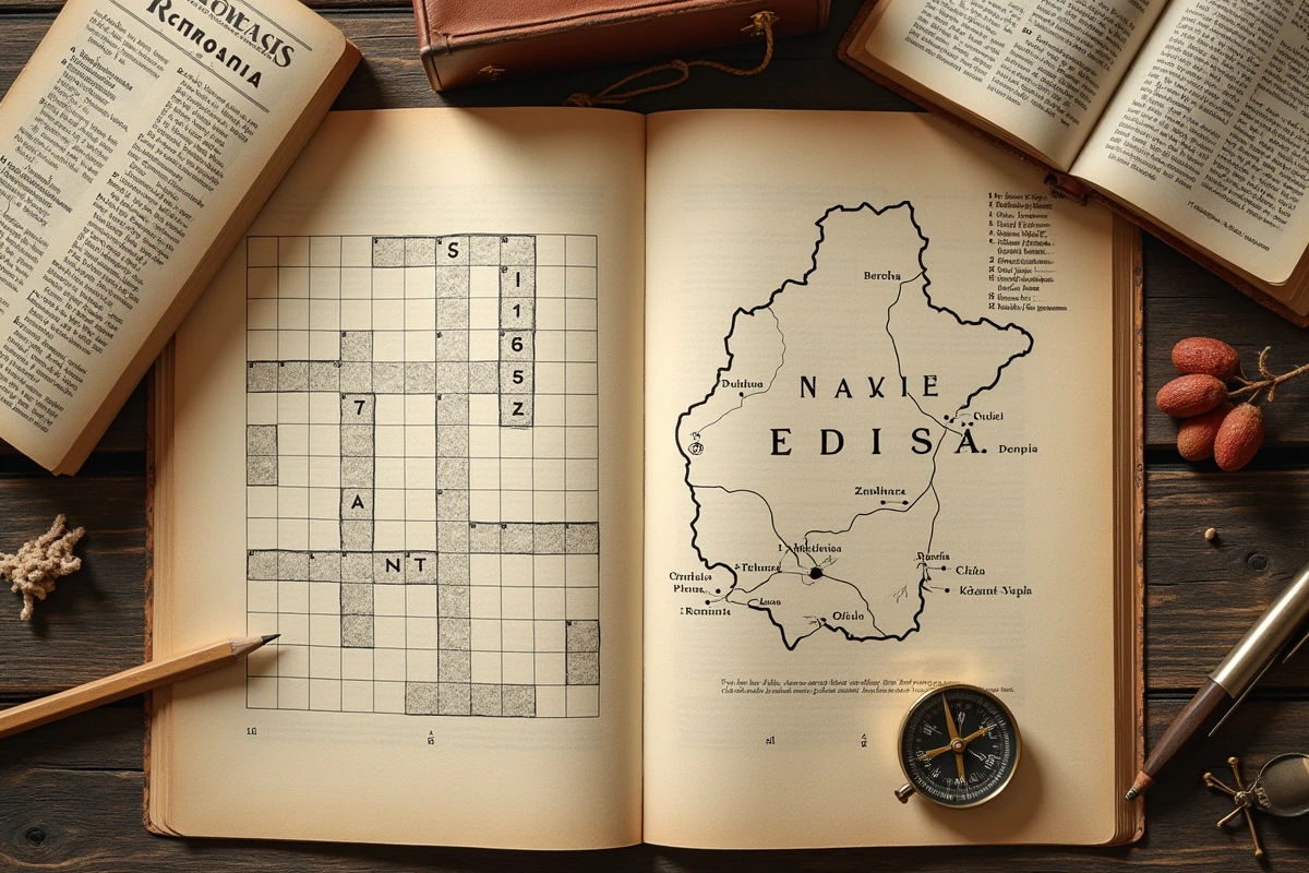 Mots croisés avec noms de villes roumaines à quatre lettres posés sur une table en bois avec dictionnaire et carte