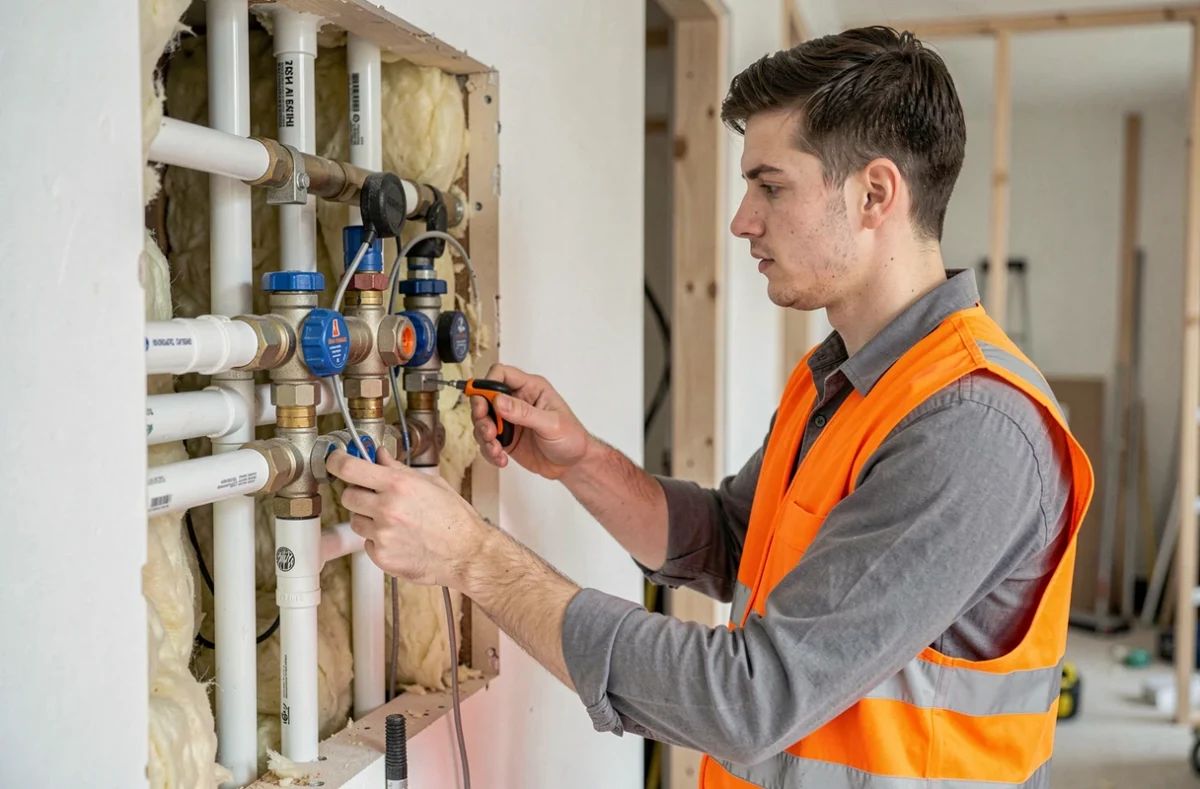 Plombier Multimax installant un collecteur de distribution d'eau dans une maison neuve à Saint-Étienne