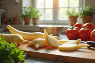 Navets fraîchement lavés coupés sur une planche en bois dans une cuisine lumineuse