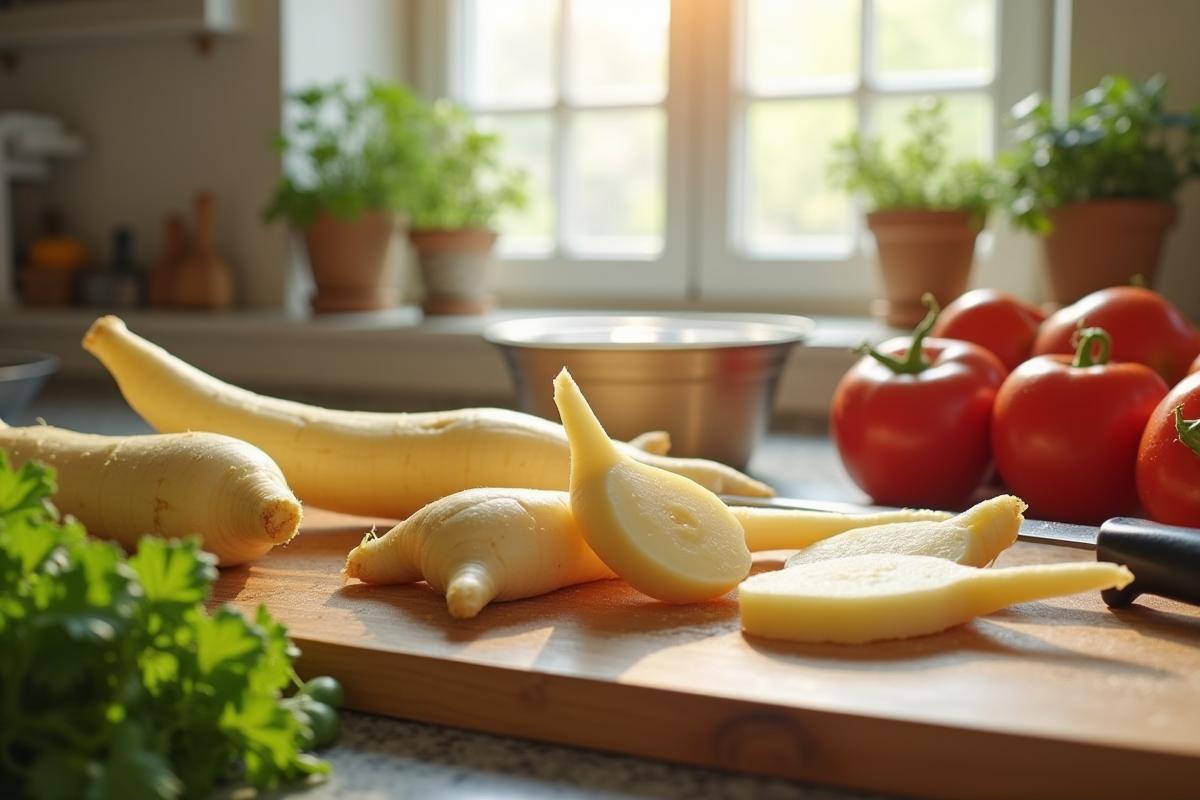 Navets fraîchement lavés coupés sur une planche en bois dans une cuisine lumineuse