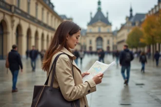 Jeune femme nouvellement arrivée à Bordeaux consultant une carte devant la Place de la Bourse, cherchant des activités et sorties dans la ville
