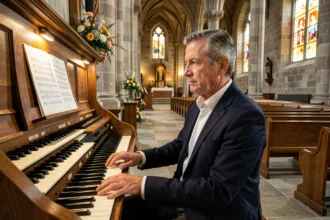 Organiste jouant de l'orgue dans une église en pierre lors des préparatifs d'une cérémonie funèbre