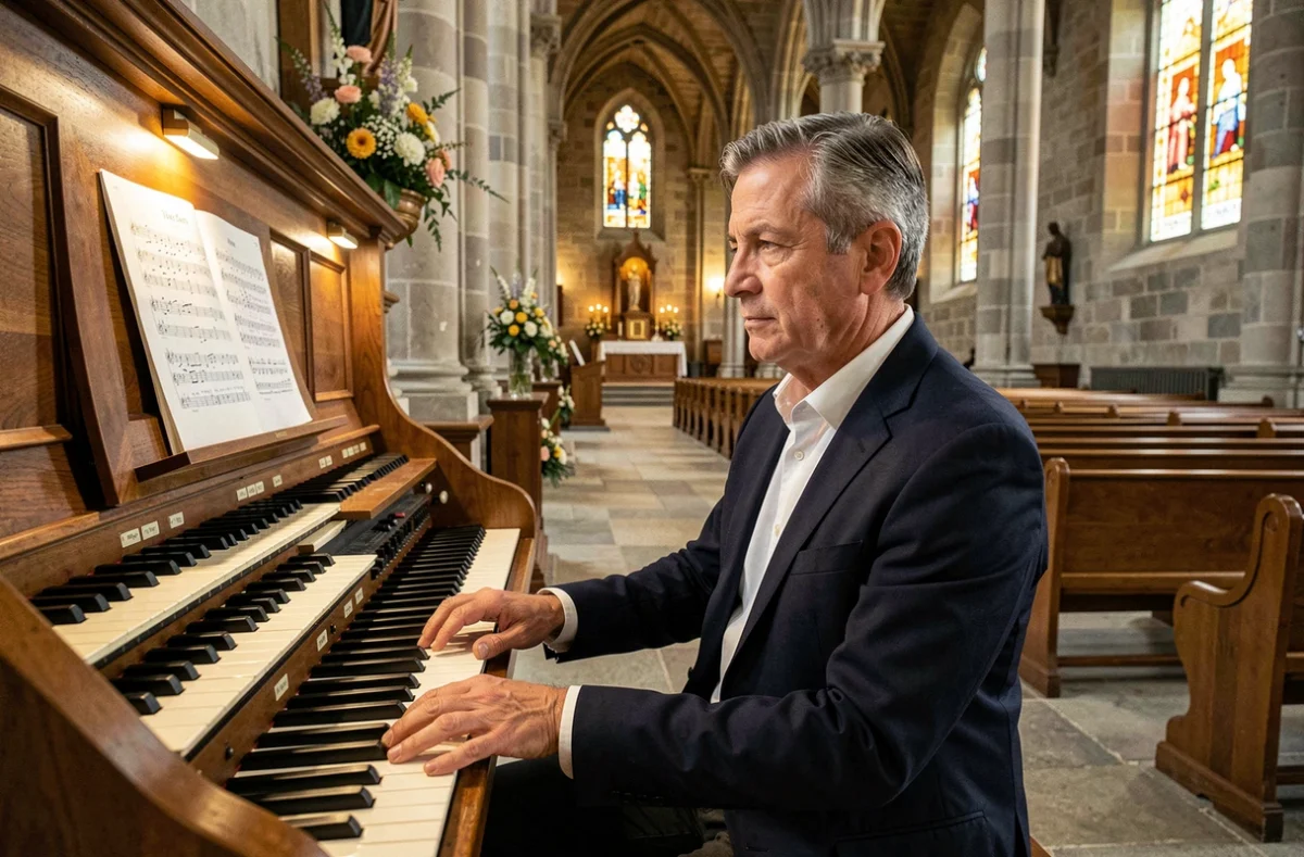 Organiste jouant de l'orgue dans une église en pierre lors des préparatifs d'une cérémonie funèbre