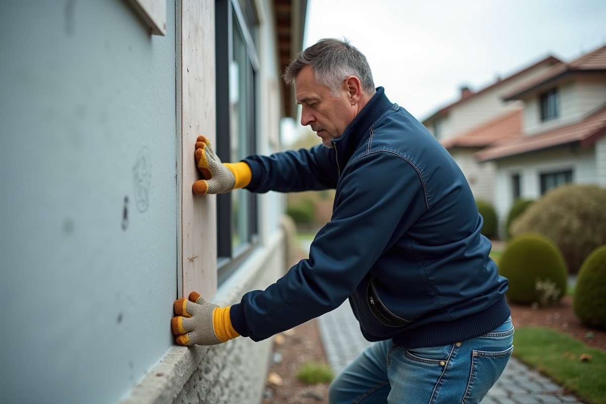 Ouvrier en extérieur posant des panneaux d'isolation