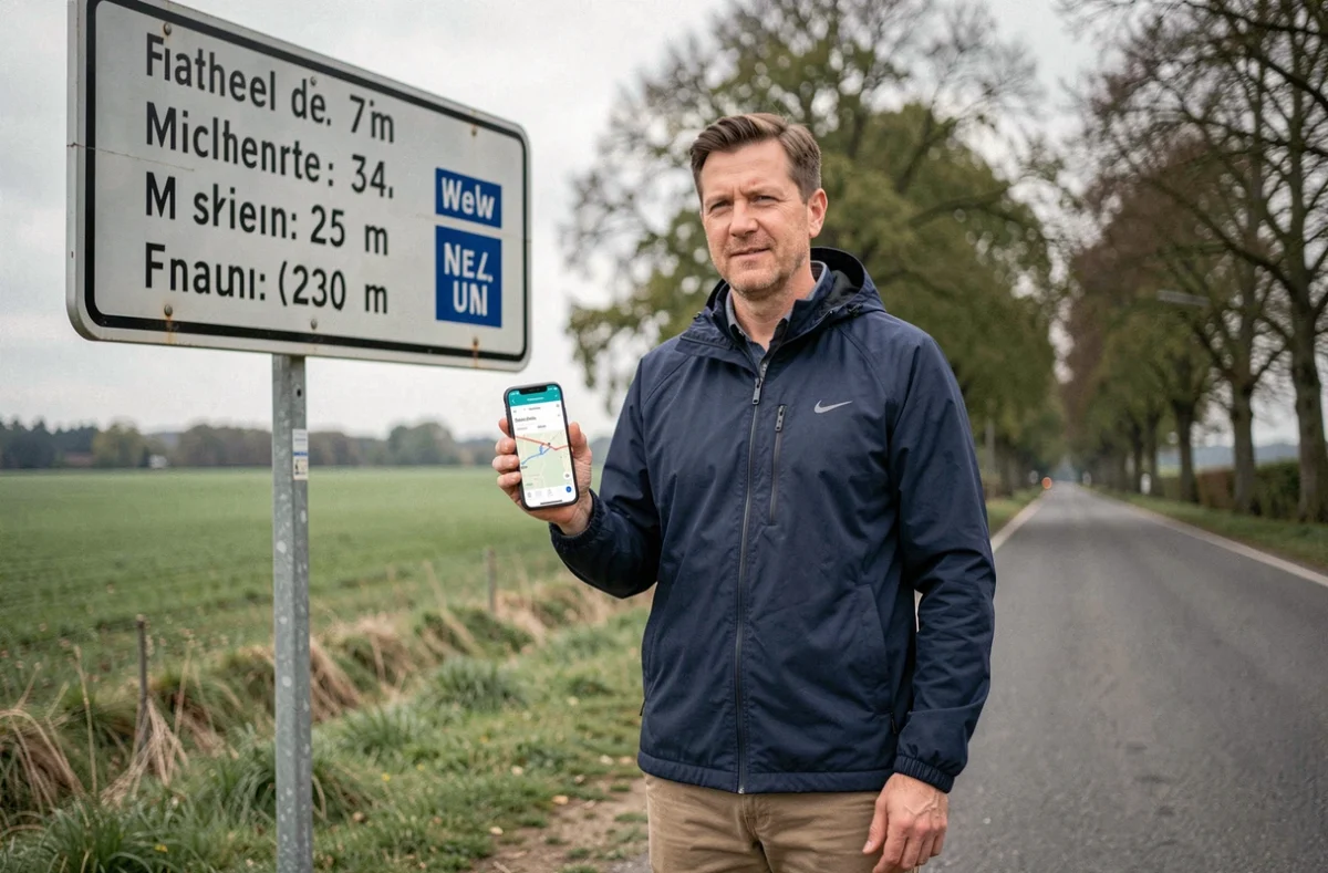 Homme comparant un panneau kilométrique européen avec une application mobile en miles sur une route de campagne