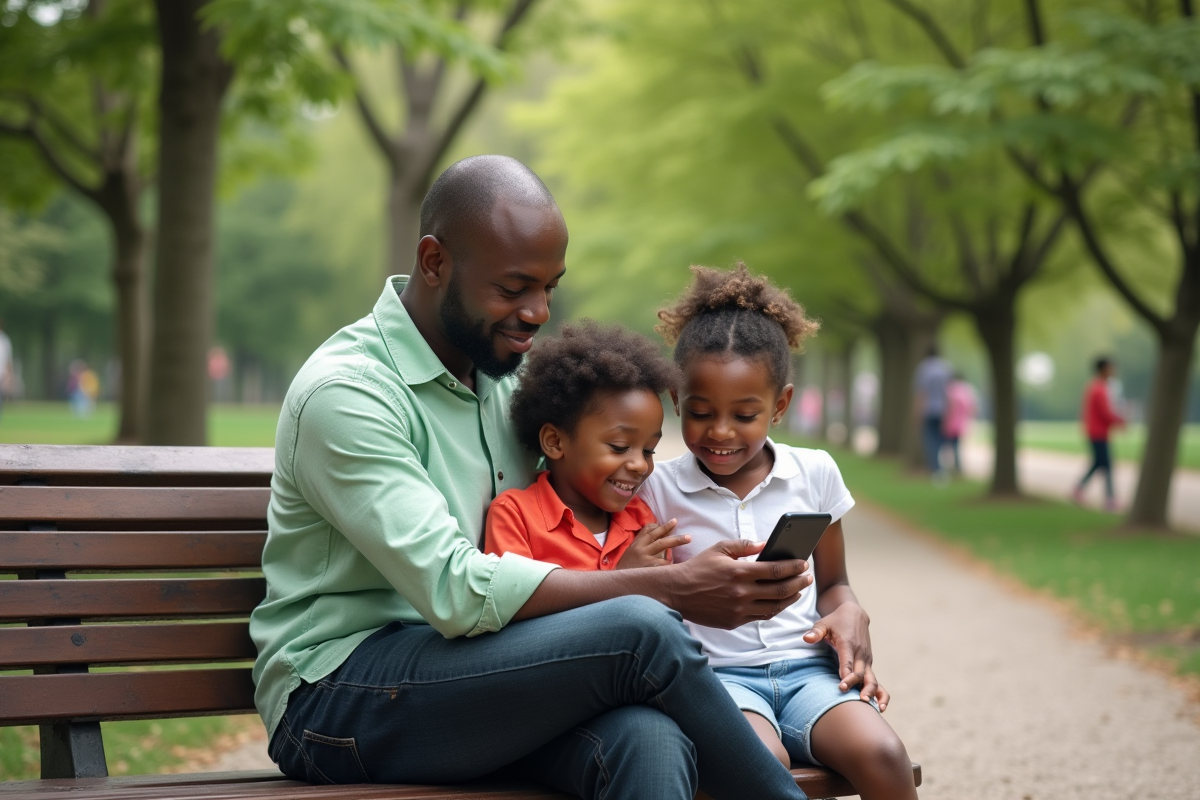 Père montrant son smartphone à ses enfants dans un parc
