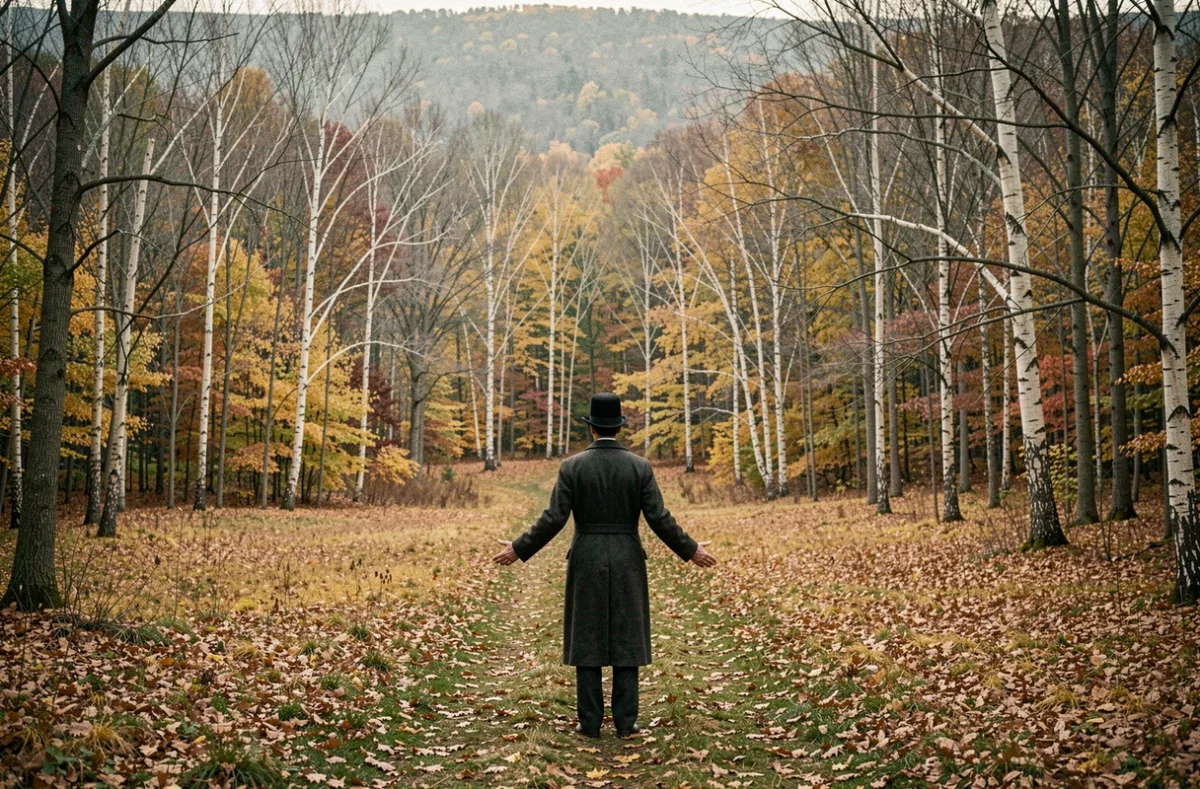 Silhouette d'un penseur solitaire en tenue du XIXe siècle contemplant une forêt automnale de Nouvelle-Angleterre, symbolisant la communion avec la nature au cœur du transcendantalisme américain d'Emerson