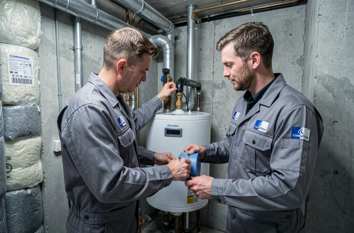 Techniciens de Perbet SAS inspectant une installation de chauffe-eau dans une chaufferie résidentielle à Saint-Étienne