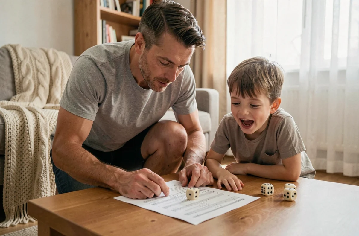 Père et fils concentrés sur une partie de 421 avec un PDF de score imprimé sur un plancher de salon