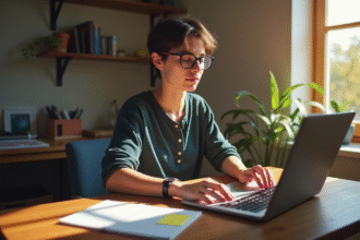 Personne travaillant sur un ordinateur portable dans un bureau cosy