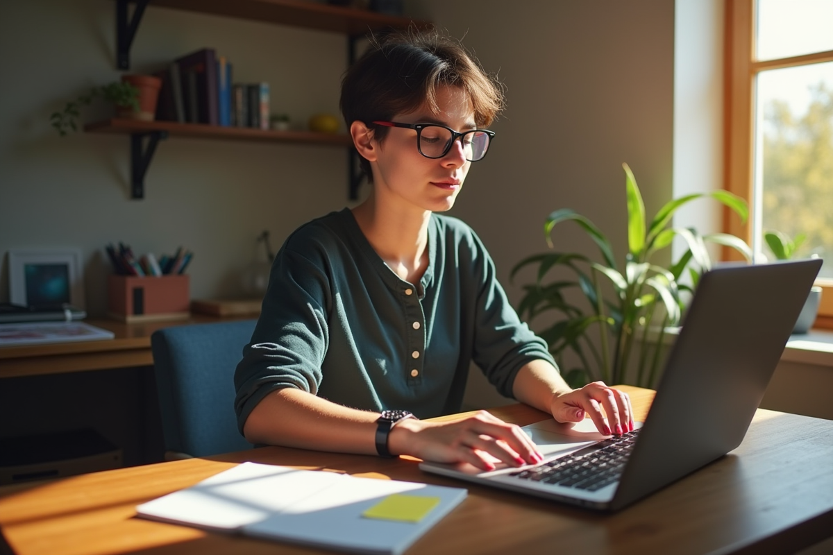 Personne travaillant sur un ordinateur portable dans un bureau cosy
