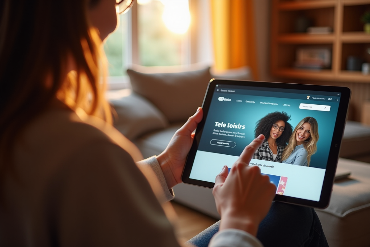Personne à la maison pointant une tablette avec Télé Loisirs