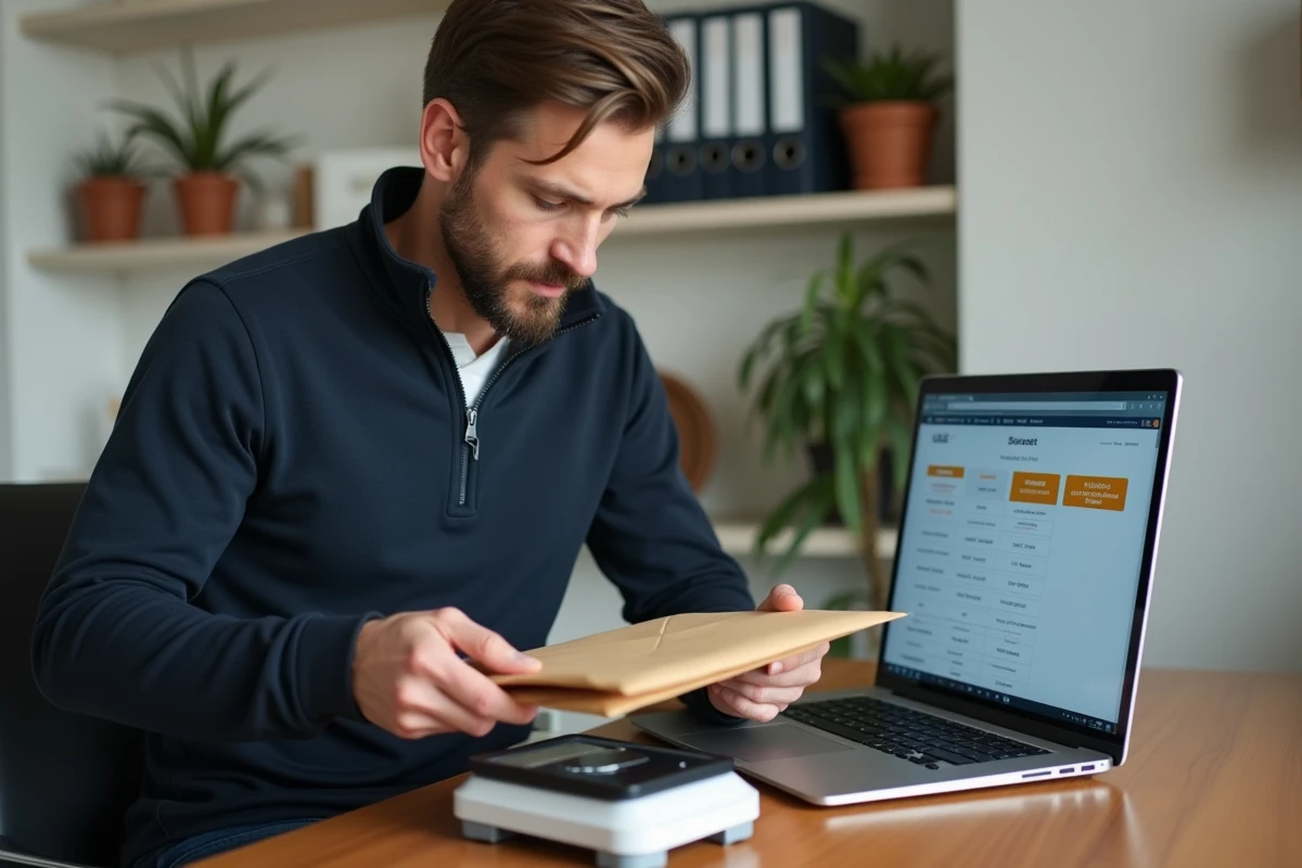 Homme pesant une enveloppe sur une balance postale à domicile avec grille tarifaire ouverte sur ordinateur