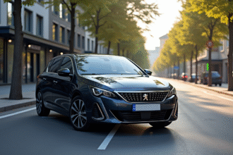 Voiture Peugeot 308 moderne en ville en plein jour