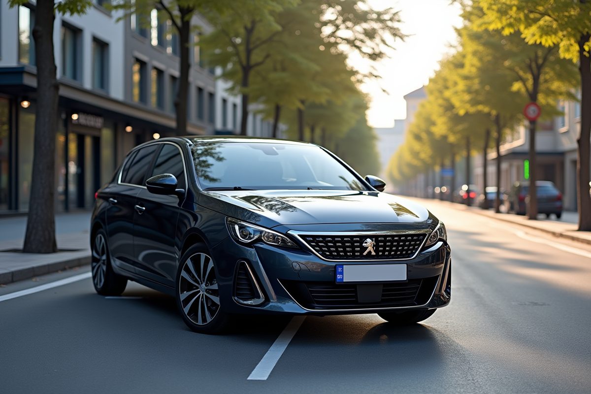 Voiture Peugeot 308 moderne en ville en plein jour